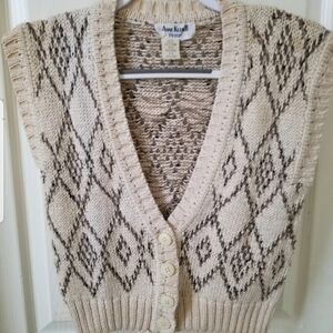 Vtg 1980s Anne Klein 11 Petites Ivory & Tan Diamond Argyle Cotton Rayon Vest P